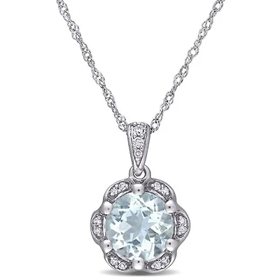 Julianna B 14K White Gold Aquamarine and Diamond Accent Flower Necklace