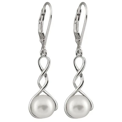 Sterling Silver 7.5-8mm Dangling Leverback Pearl Earrings