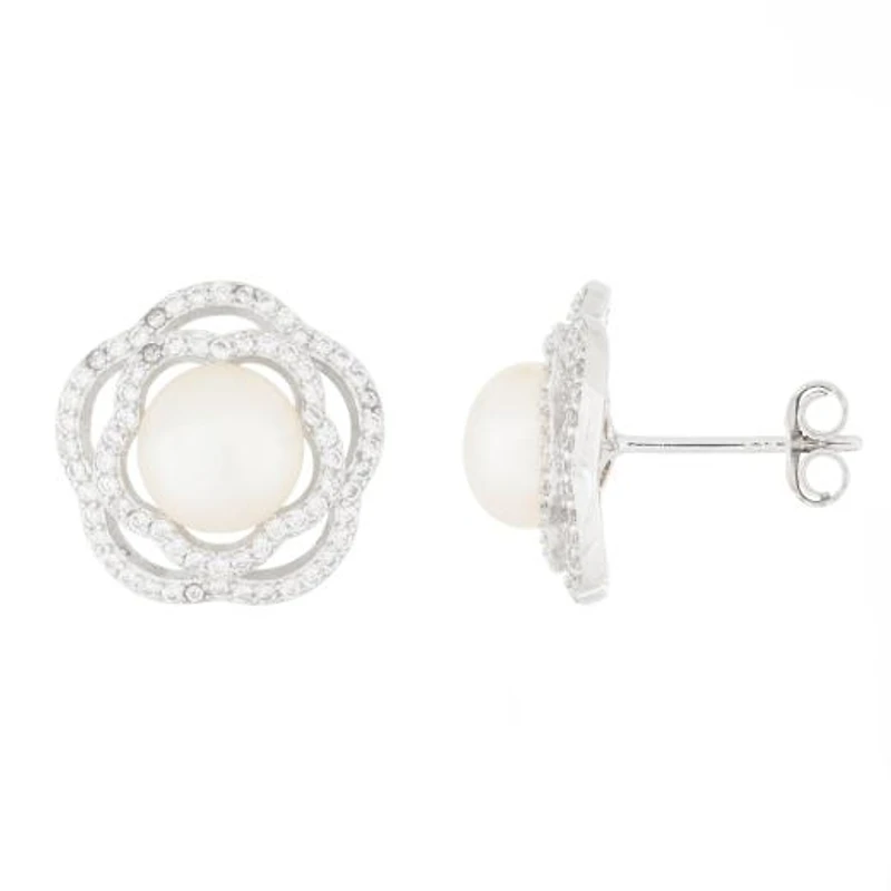 Sterling Silver 7-7.5mm White Freshwater Pearl Fancy Stud Earrings