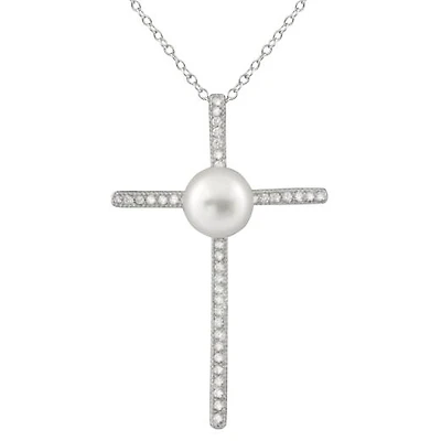 Sterling Silver Micropave Cubic Zirconia & 8-8.5mm Pearl Crucifix