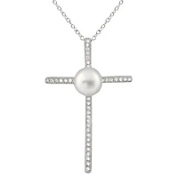 Sterling Silver Micropave Cubic Zirconia & 8-8.5mm Pearl Crucifix