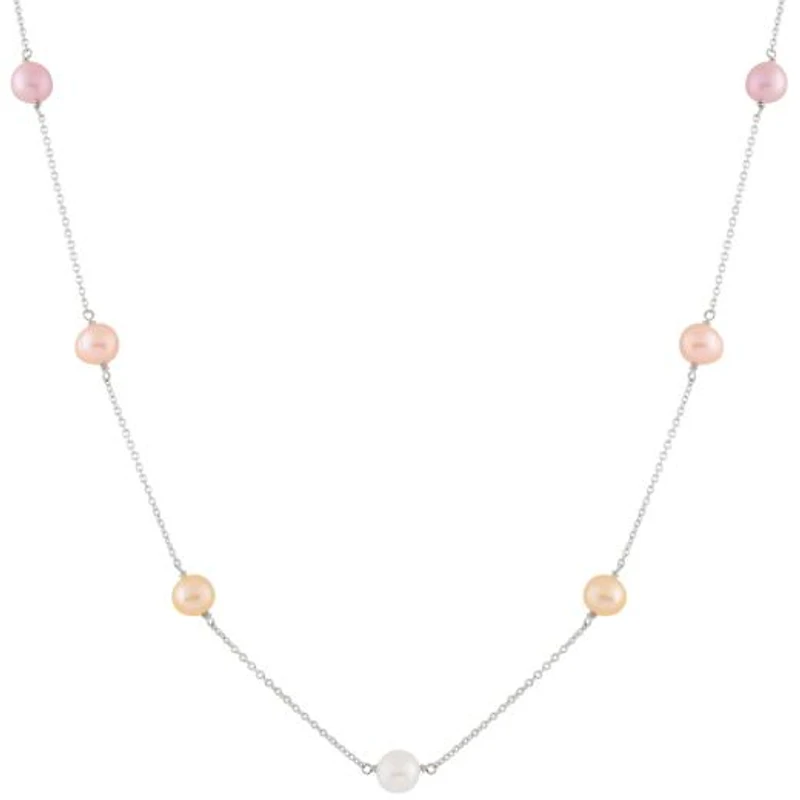 Sterling Silver 5 Stationed 7-8mm Pearl Necklace