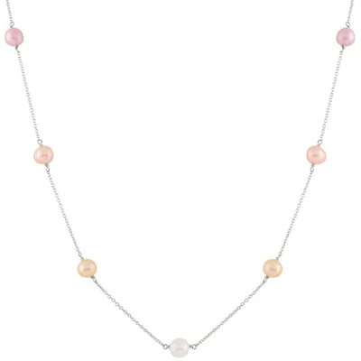 Sterling Silver 5 Stationed 7-8mm Pearl Necklace