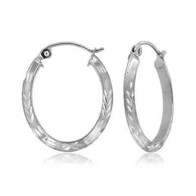 10K White Gold Diamond Cut Oval Hoop Earrings