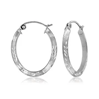 10K White Gold Diamond Cut Oval Hoop Earrings
