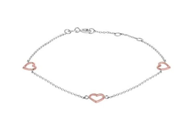 10K Rose and White Gold 10" 3 Stations Open Heart Ankle Bracelet
