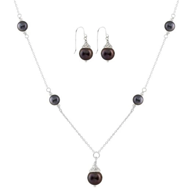 Sterling Silver Black Freshwater Pearl 18" Necklace and Earrings Set