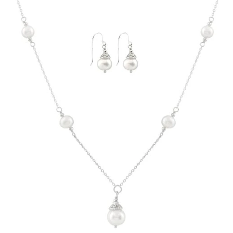 Sterling Silver White Freshwater Pearl 18" Necklace and Earrings Set