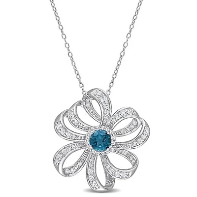Julianna B Sterling Silver London Blue Topaz and White Topaz Flower Necklace