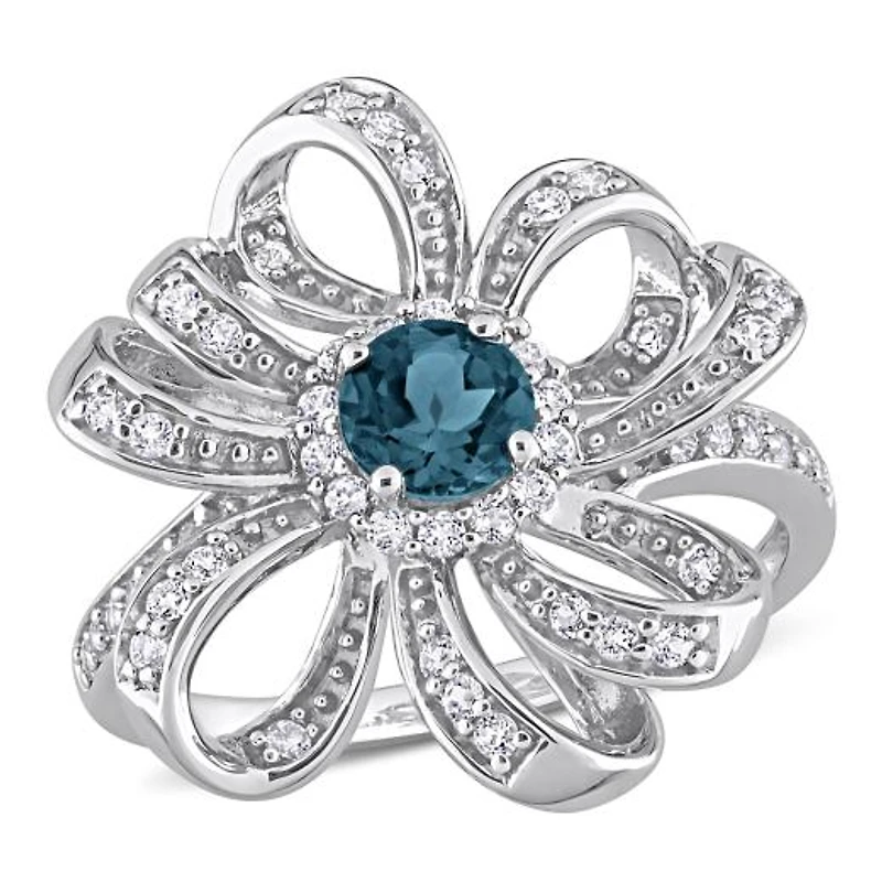 Julianna B Sterling Silver London Blue Topaz & White Flower Cocktail Ring