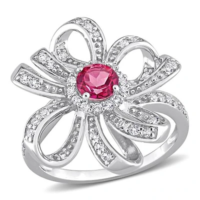 Julianna B Sterling Silver Pink Topaz and White Flower Cocktail Ring