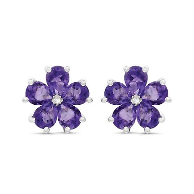 Sterling Silver Amethyst and Diamond Flower Earrings