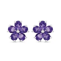 Sterling Silver Amethyst and Diamond Flower Earrings