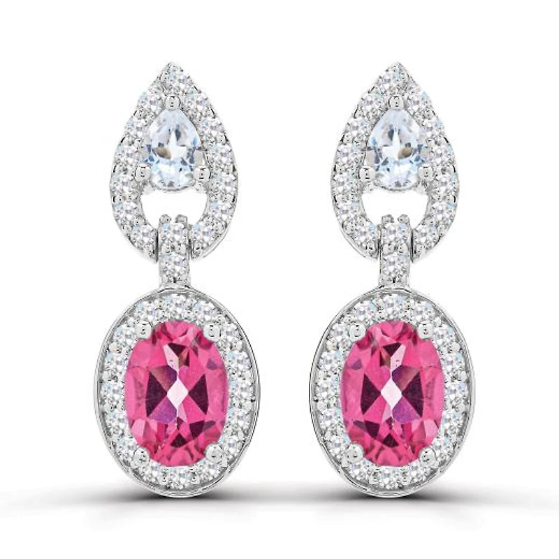 Sterling Silver Pink Topaz and White Topaz Dangle Earrings