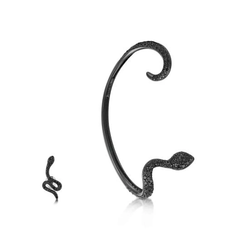 Sterling Silver Cubic Zirconia Black Right Snake Ear Cuff and Stud