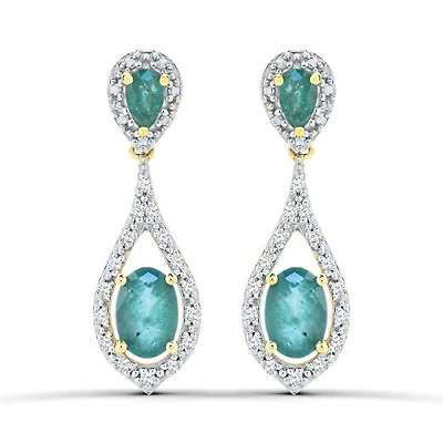10K Yellow Gold Emerald and Diamond Dangle Earrings