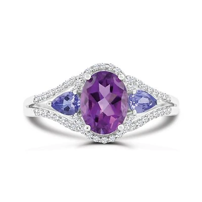 Sterling Silver Amethyst, Tanzanite and White Topaz Ring