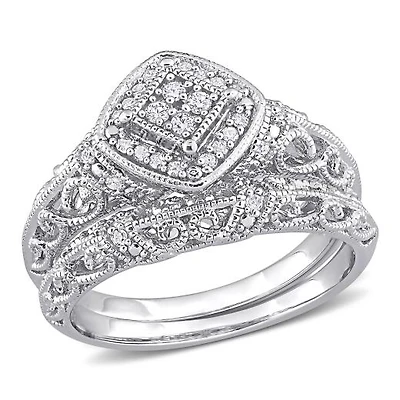Julianna B Sterling Silver 0.19CTW Vintage Design Diamond Bridal Set