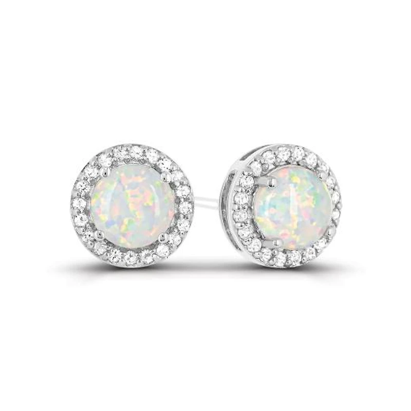 Sterling Silver Created Opal and Created White Sapphire Halo Earrings