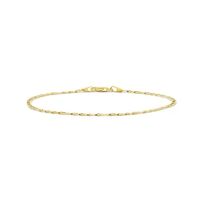 10K Yellow Gold 2.3mm 7.5" Solid Figaro Link Bracelet With White Pave