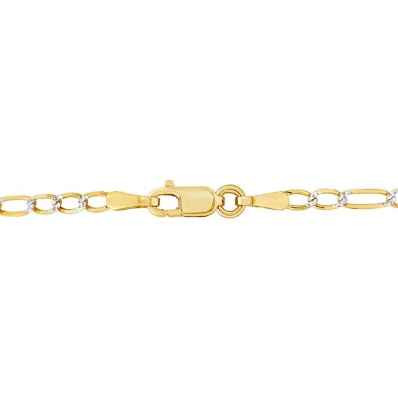 10K Yellow Gold 2.3mm 7.5" Solid Figaro Link Bracelet With White Pave