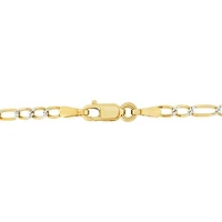10K Yellow Gold 2.3mm 7.5" Solid Figaro Link Bracelet With White Pave