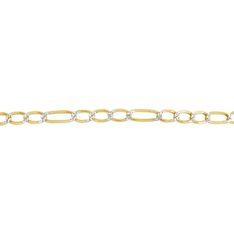 10K Yellow Gold 2.3mm 7.5" Solid Figaro Link Bracelet With White Pave