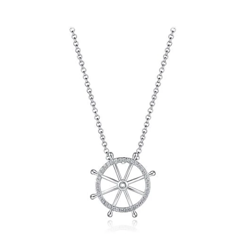 Sterling Silver Cubic Zirconia Ship Wheel 19" Pendant