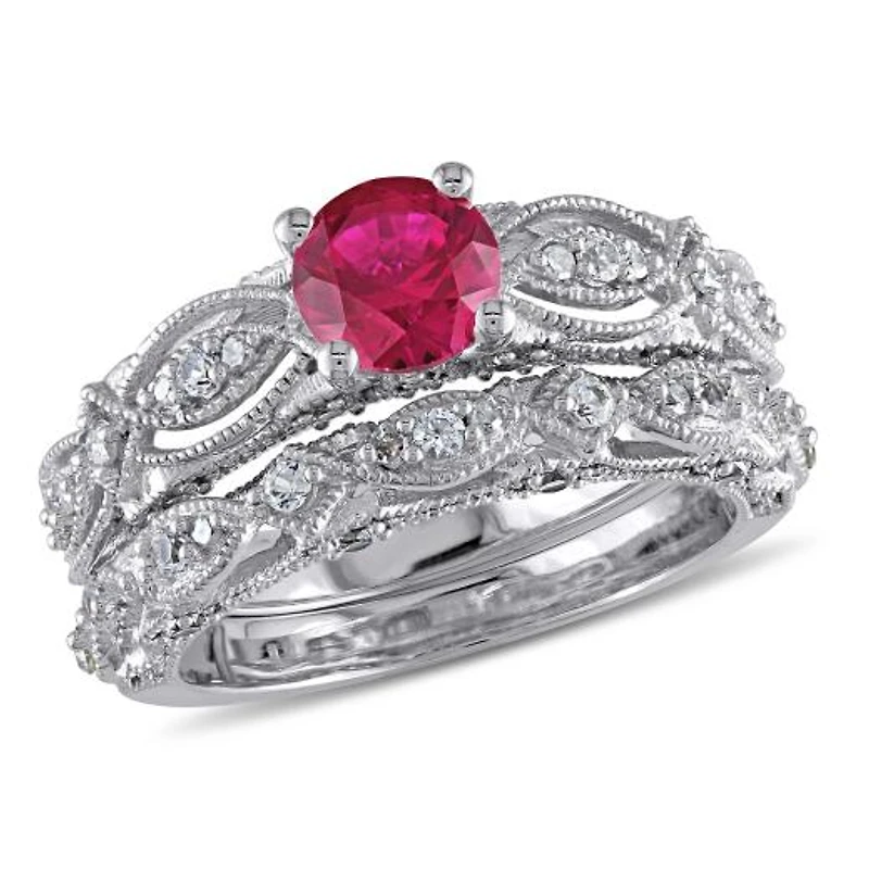 Julianna B 10K White Gold Created Ruby Created White Sapphire Diamond Bridal Set