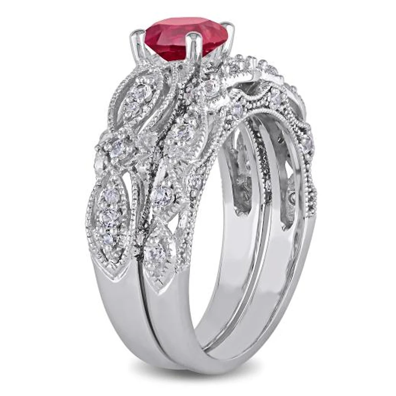 Julianna B 10K White Gold Created Ruby Created White Sapphire Diamond Bridal Set