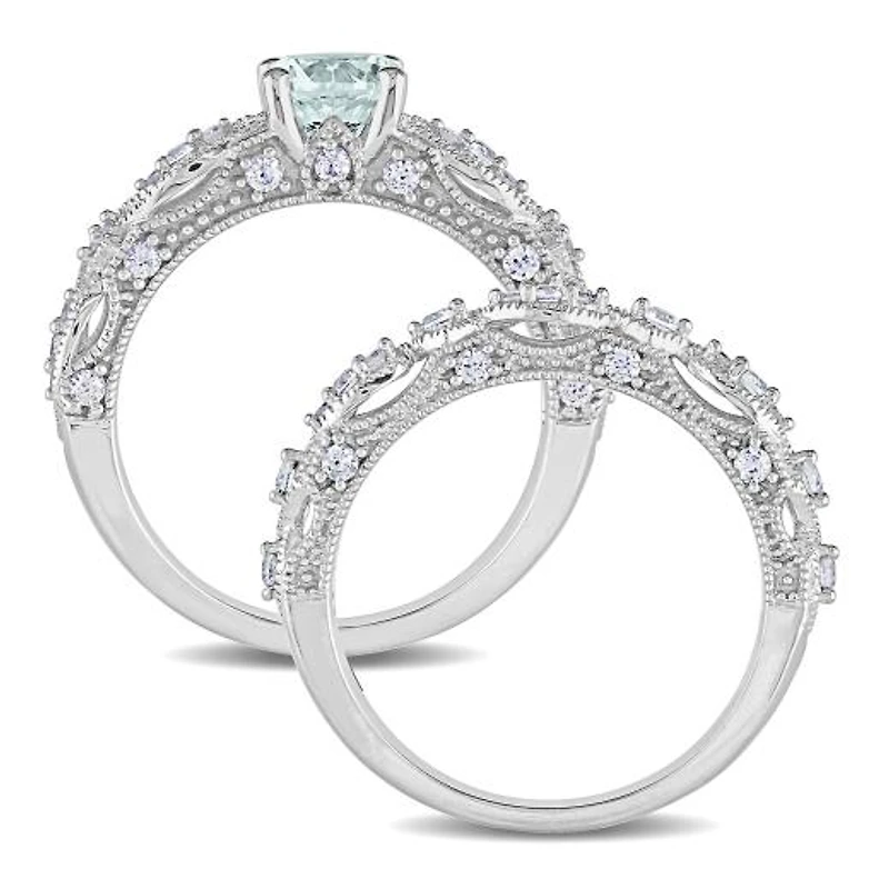 Julianna B 10K White Gold Aquamarine Created White Sapphire Diamond Bridal Set