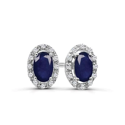 10K White Gold Sapphire & Diamond Halo Earrings