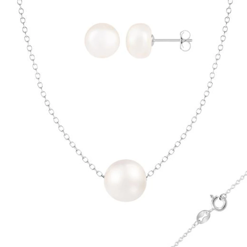 Sterling Silver 8-9mm 18" White Freshwater Pearl Pendant & Earring Set
