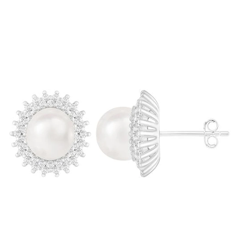 Sterling Silver 8-9mm Freshwater Pearl & Cubic Zirconia Earrings