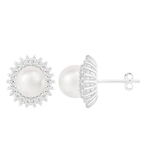 Sterling Silver 8-9mm Freshwater Pearl & Cubic Zirconia Earrings