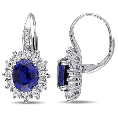 JULIANNA B Sterling Silver Created Blue & Diamond Halo Earrings