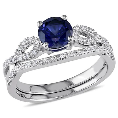 JULIANNA B 10K White Gold Created Sapphire & Diamond Bridal Set