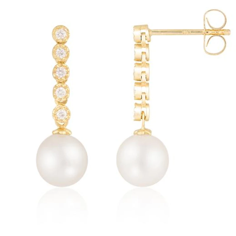 14K Yellow Gold 7MM Freshwater Pearl & Diamond Drop Earrings