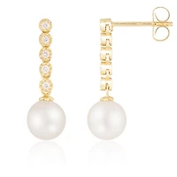 14K Yellow Gold 7MM Freshwater Pearl & Diamond Drop Earrings
