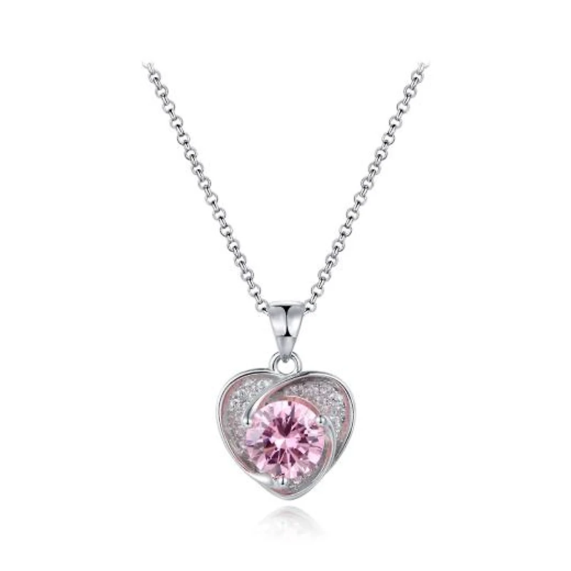 Sterling Silver Pink Cubic Zirconia Heart Halo 19" Pendant