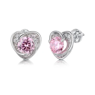 Sterling Silver Pink Cubic Zirconia Heart Halo Earrings