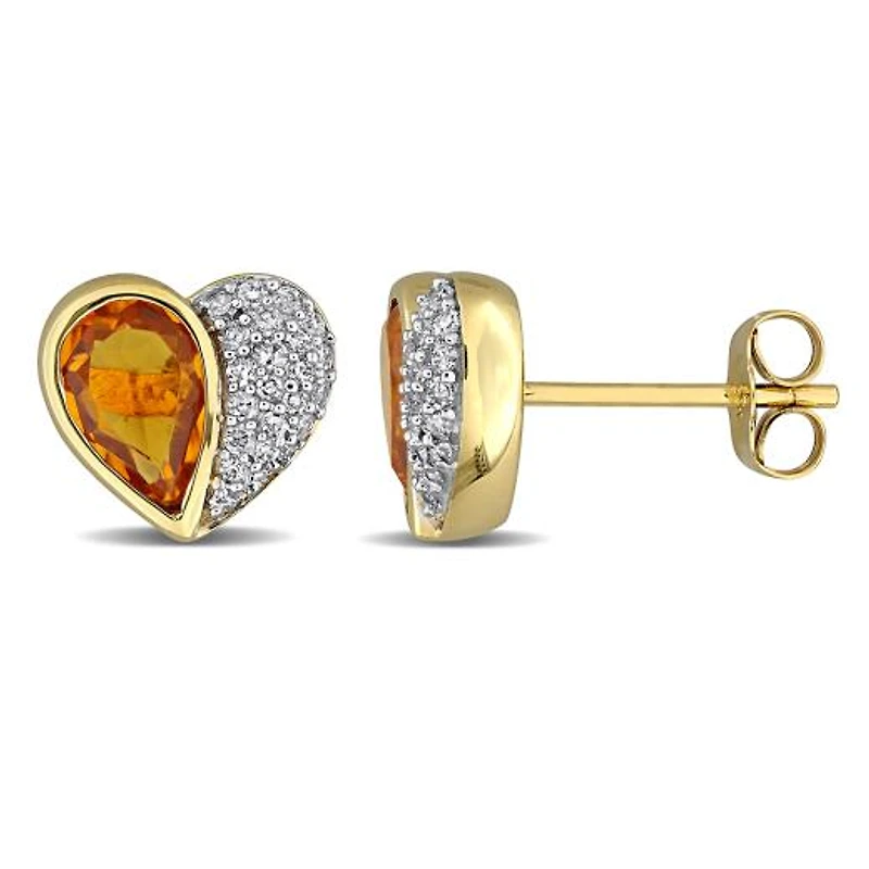 Julianna B 10K Yellow Gold Madeira Citrine & Diamond Heart Stud Earrings