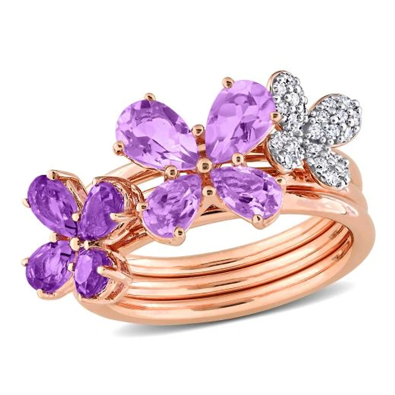 Julianna B Rose Plated Sterling Silver Amethyst & Diamond Floral Ring Set
