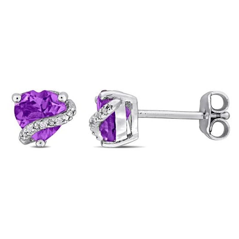 Julianna B Sterling Silver Amethyst and Diamond Accent Heart Stud Earrings