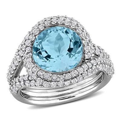 Julianna B Sterling Silver Sky Blue Topaz and White Crossover Ring