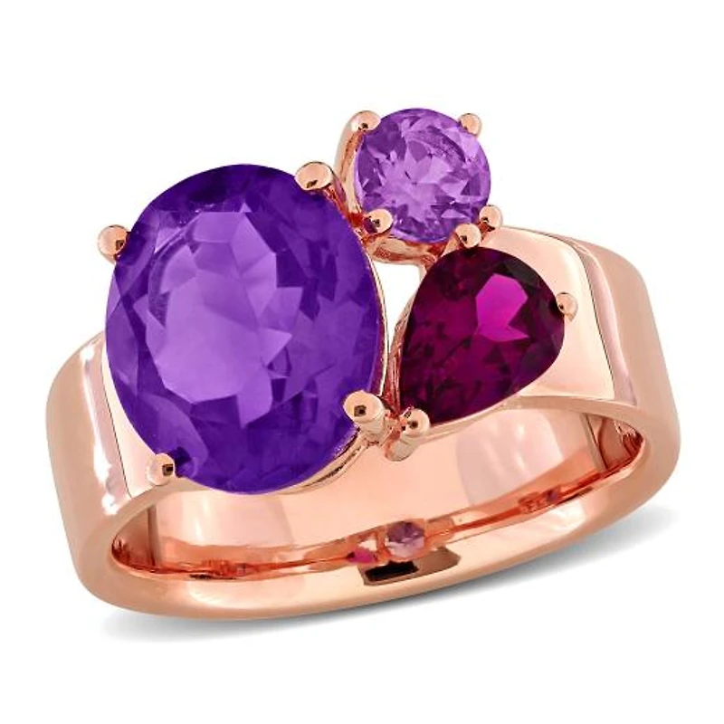 Julianna B Rose Plated Sterling Silver Rhodolite and Amethyst 3-Stone Ring