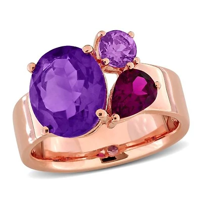 Julianna B Rose Plated Sterling Silver Rhodolite and Amethyst 3-Stone Ring