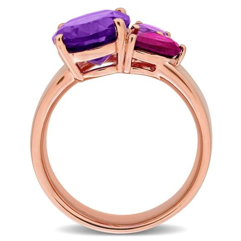Julianna B Rose Plated Sterling Silver Rhodolite and Amethyst 3-Stone Ring