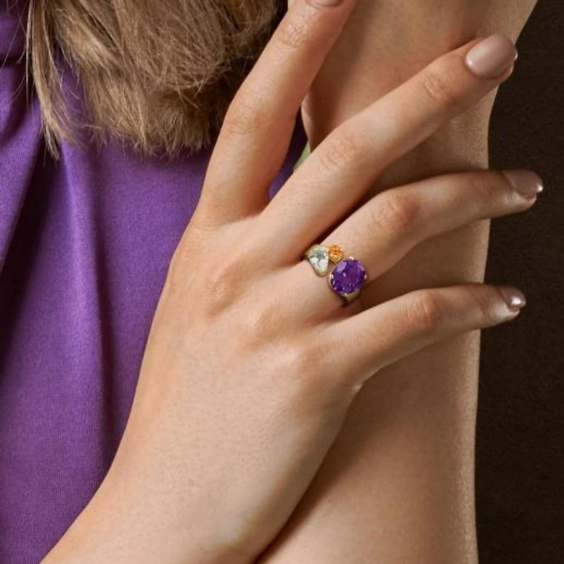 Julianna B Yellow Plated Sterling Silver Multi-Gemstone 3-Stone Open Ring