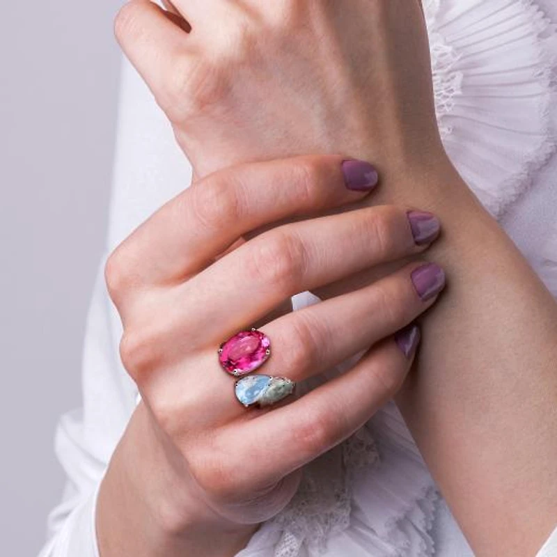 Julianna B Sterling Silver Pink Topaz, Sky Blue Topaz & Green Quartz Open Ring